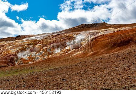 Beautiful Colourful Icelandic Landscape Lava Fields Mountain Geysers Zigzag Road And Moss-covered St