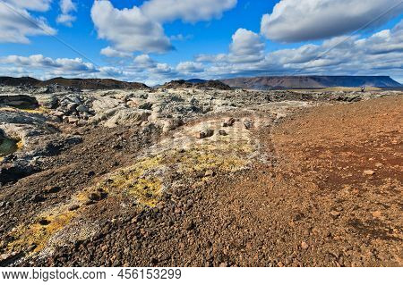 Beautiful Colourful Icelandic Landscape Lava Fields Mountain Geysers Zigzag Road And Moss-covered St
