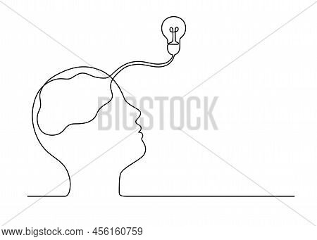 Man Thinking And Imagination Mind Idea With Lightbulb In His Head And Brain, Continuous Single One L