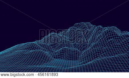 Abstract Digital Neon Grid Landscape Background. Futuristic Retro Mountains Backdrop. Big Data Visua