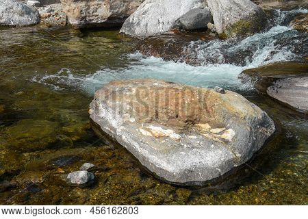 Himalyan Mountain River, Amazing Landscape Of Nature. Pure Clear Water Moves Among Large Stones