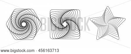 Set Of 3d Twisted Colored Spirals. Geometry Tunnel With Lines. Abstract Technology Star, Square And 