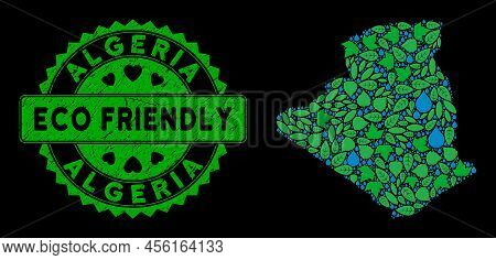 Eco Algeria Map Collage Of Herbal Leaves And Water Drops, And Eco Friendly Award Seal. Algeria Map I