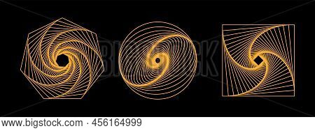 Set Of 3d Twisted Gold Spirals. Geometry Tunnel With Lines. Abstract Technology Circle, Square And H