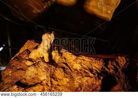 Na Pomezi Caves, Vapenna, Moravia, Czech Republic, 16 April 2022: Natural Dripstone Rock Formations 