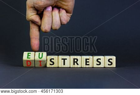 Eustress Or Distress Symbol. Psychologist Turns Cubes And Changes The Concept Word Eustress To Distr