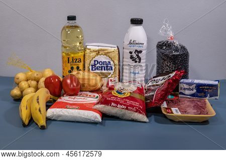 Rio, Brazil - May 22, 2022: Brazilian Basic Food Basket Composed Of 13 Products: Meat, Milk, Rice, B