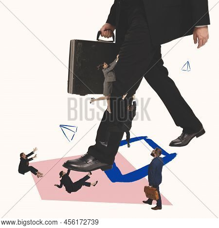 Contemporary Art Collage. Ginat Man With Suitcase Walking Around Small People Trying To Reach Him.
