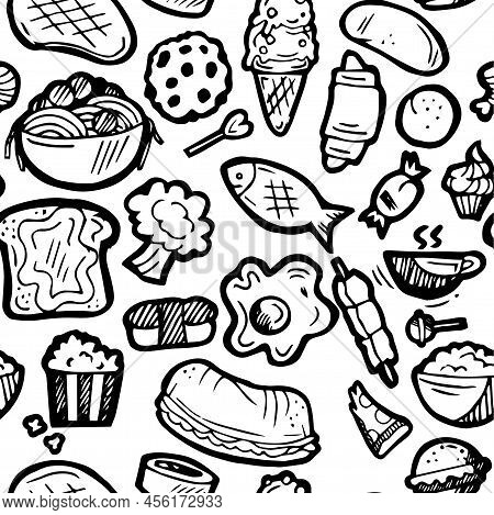 Set Of Food. Baking Buns And Meat Dishes. Hand Drawing Outline. Isolated On White Background. Monoch