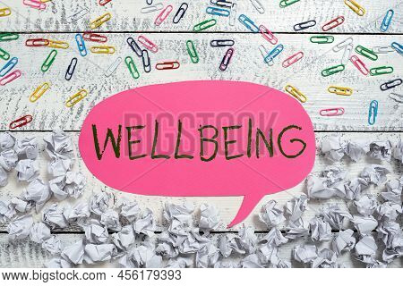 Handwriting Text Wellbeing. Business Showcase A Good Or Satisfactory Condition Of Existence Includin