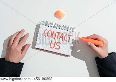 Text Caption Presenting Contact Us. Word For Group Of Person That Rendering Costumer Service Through