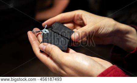 Hand Holding New Car Brake Pads. Replacing Car Brake Pads. Change The Old To New Brake Disc On Car I