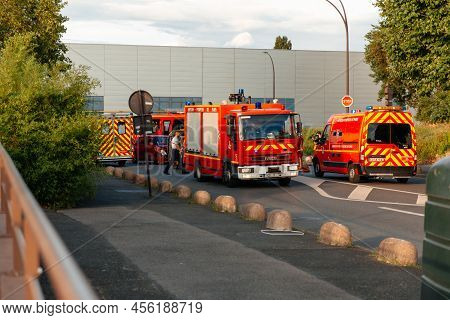 Paris, France - July, ?2021: French Fire Department Red Trucks On The Streets Of Paris