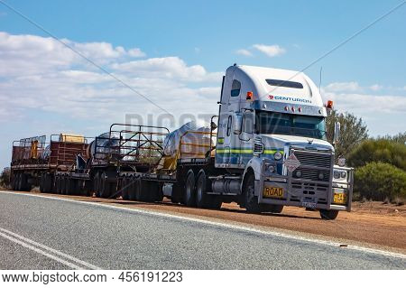 Western Australia - July 12, 2019: White Freightliner Heavy Road Train Truck Of Centurion Company Tr