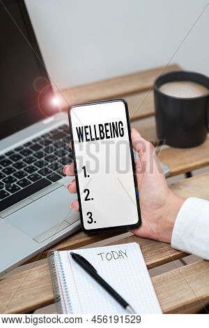 Text Sign Showing Wellbeing. Word Written On A Good Or Satisfactory Condition Of Existence Including