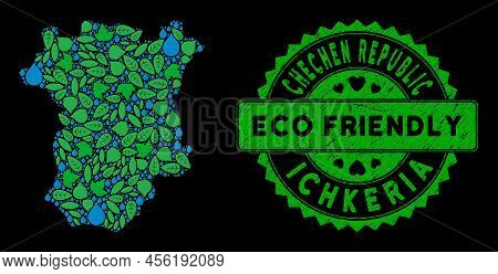 Eco Chechnya Map Composition Of Floral Leaves And Water Dews, And Eco Friendly Award Seal. Chechnya 