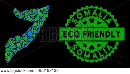 Eco Somalia Map Collage Of Floral Leaves And Water Dews, And Eco Friendly Badge Stamp. Somalia Map I