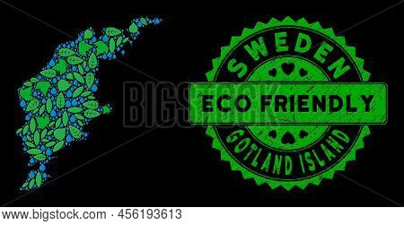 Eco Gotland Island Map Composition Of Floral Leaves And Water Drops, And Eco Friendly Quality Stamp.