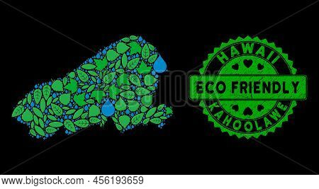 Eco Kahoolawe Island Map Composition Of Herbal Leaves And Water Dews, And Eco Friendly Quality Seal.