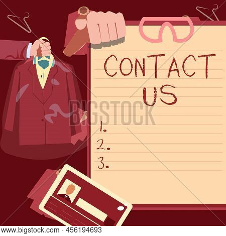 Handwriting Text Contact Us. Concept Meaning Group Of Person That Rendering Costumer Service Through