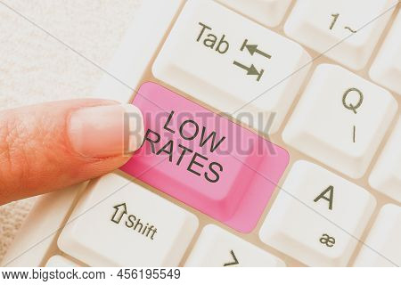 Conceptual Caption Low Rates. Business Approach A Cost Of An Item Or Service Which Is Usualy At Its 
