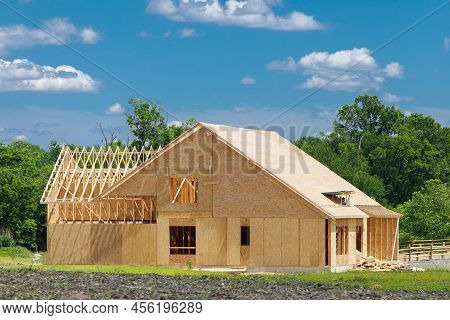 New Residential Frame House Under Construction Plywood Roof Wall Modern Development Real Estate Jois