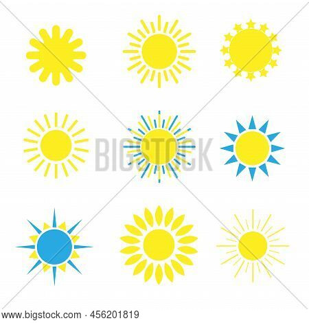 Yellow Sun Icons Set On White Background. Simple Design Collection. For Web Sites, Banners Design, L