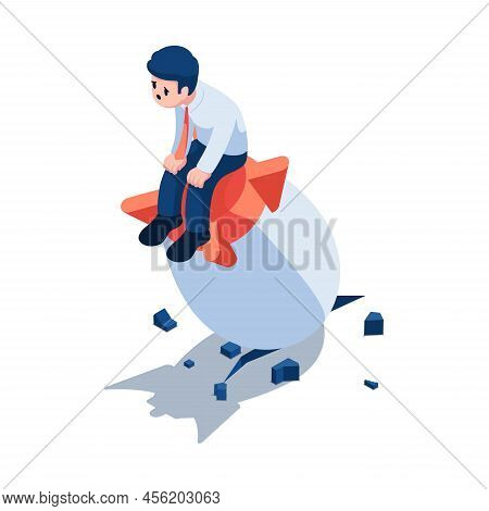Flat 3d Isometric Businessman Sitting On Crashed Rocket Spaceship. Start Up Business Failure Concept