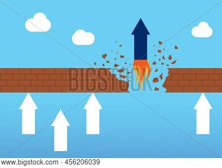 Competition Concept. Arrows Stuck Near Brick Barrier And Blue One Breaking It. Illustration