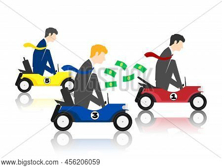 Competition Concept. Businessmen In Racing Cars And One Outpacing On White Background. Illustration