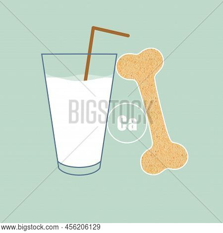 Glass Of Fresh Tasty Milk And Bone On Light Blue Background, Illustration. Source Of Calcium