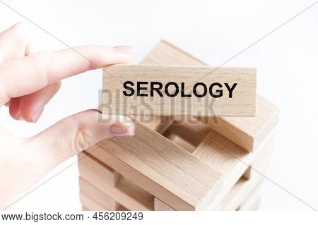 The Word Serology On A Wooden Bar In A Human Hand
