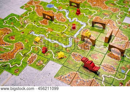 Board Game Carcassonne. Party Entertainment Or Family Leisure Hobby. Play Together. Strategic And Ec