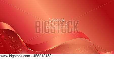 Abstract 3d Gold Curved Red Ribbon On Red Background With Bll Lighting Effect And Sparkle With Copy 