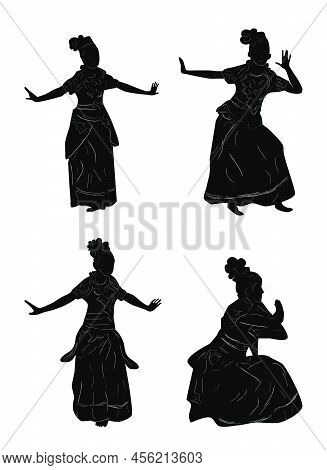 Vector Set 4 Hand Draw Sketch And Silhouette Of Young Girl Traditional West Java, Sunda  Indonesia .