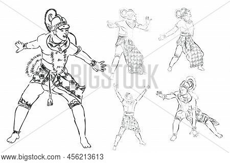Hand Draw Sketch Set 5 Vector Of Angry Hanoman Or Anumat, God Big White Monkey From Indonesia And In