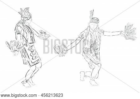 Set 2 Black Vector Outline Sketch, Dayak Traditional Enggang Bird Dancer, East Or West Kalimantan In