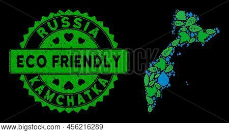 Eco Kamchatka Map Mosaic Of Herbal Leaves And Water Drops, And Eco Friendly Reward Seal. Kamchatka M