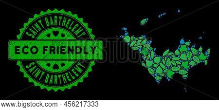 Eco Saint Barthelemy Map Collage Of Herbal Leaves And Water Dews, And Eco Friendly Quality Stamp. Sa