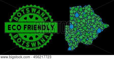Eco Botswana Map Mosaic Of Plant Leaves And Water Dews, And Eco Friendly Quality Medallion. Botswana