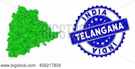 Blue Rosette Scratched Badge And Low-poly Telangana State Map Mosaic In Green Colors. Triangulated T