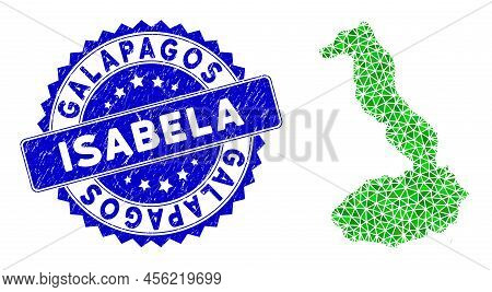 Blue Rosette Grunge Stamp Seal And Low-poly Isabela Island Of Galapagos Map Mosaic In Green Colors. 