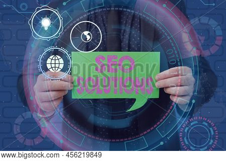 Sign Displaying Seo Solutions. Word Written On Search Engine Result Page Increase Visitors By Rankin