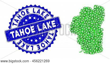 Blue Rosette Grunge Badge And Lowpoly Tahoe Lake Map Mosaic In Green Colors. Triangulated Tahoe Lake