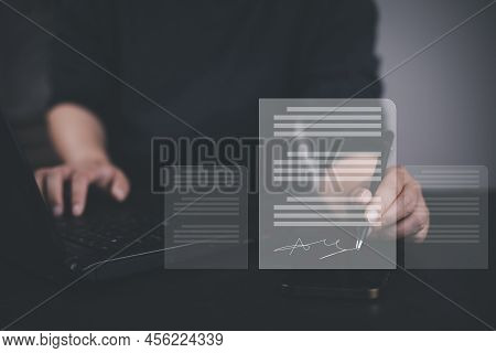 Signing Electronic Documents On Digital Documents Online, Businessman With Contract Electronic Signa