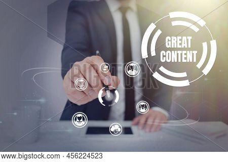 Writing Displaying Text Great Content. Internet Concept Satisfaction Motivational Readable Applicabl