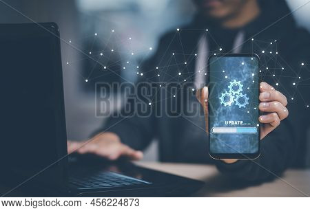 Man Holding Smartphone With Update Software Computer Program Upgrade Business Technology Internet, U