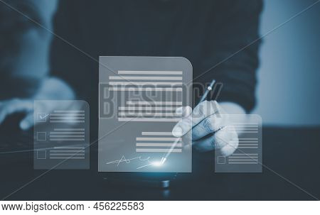 Signing Electronic Documents On Digital Documents Online, Businessman With Contract Electronic Signa
