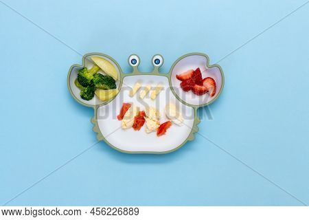 Baby Led Weaning, Blw. First Baby Food. Silicon Plate With Mixed Vegetable. Healthy Nutrition For Ki