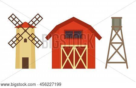 Cowshed With Windmill And Boiler On Metal Stand Colorful Vector Illustration Of Abstract Agricultura